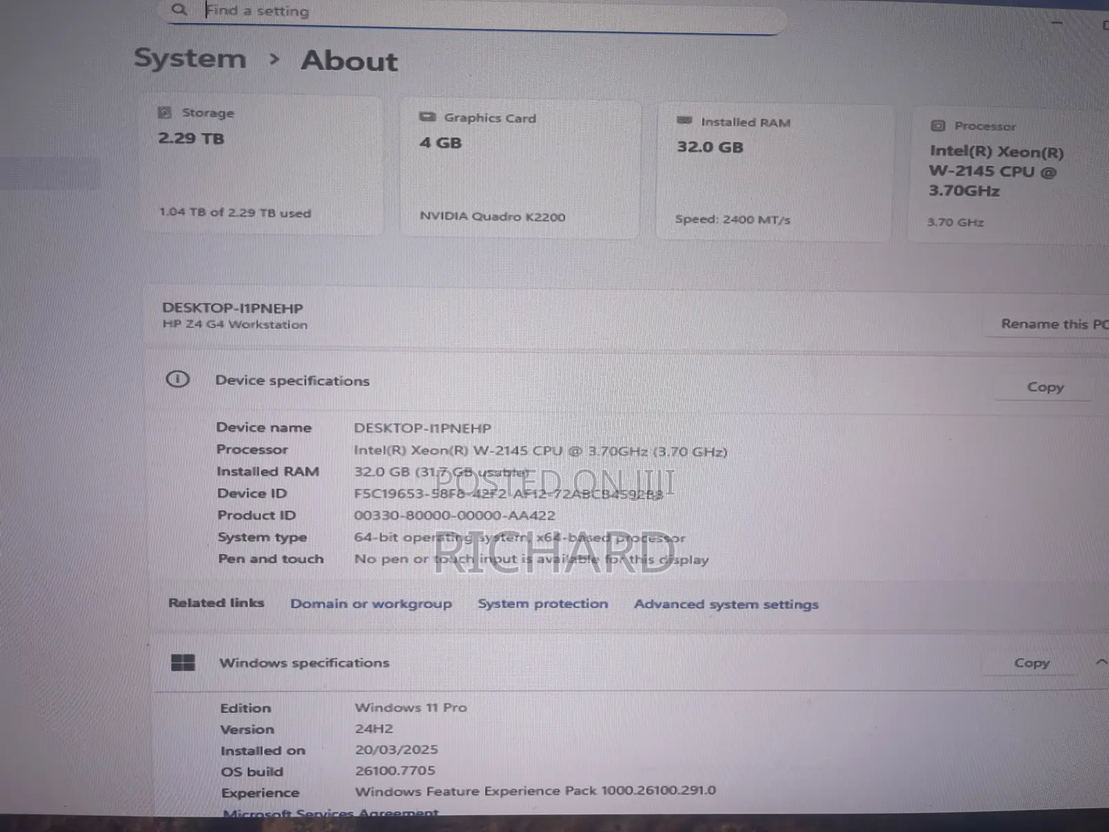Desktop Computer HP Z4 G4 32GB Intel Xeon SSD 512GB