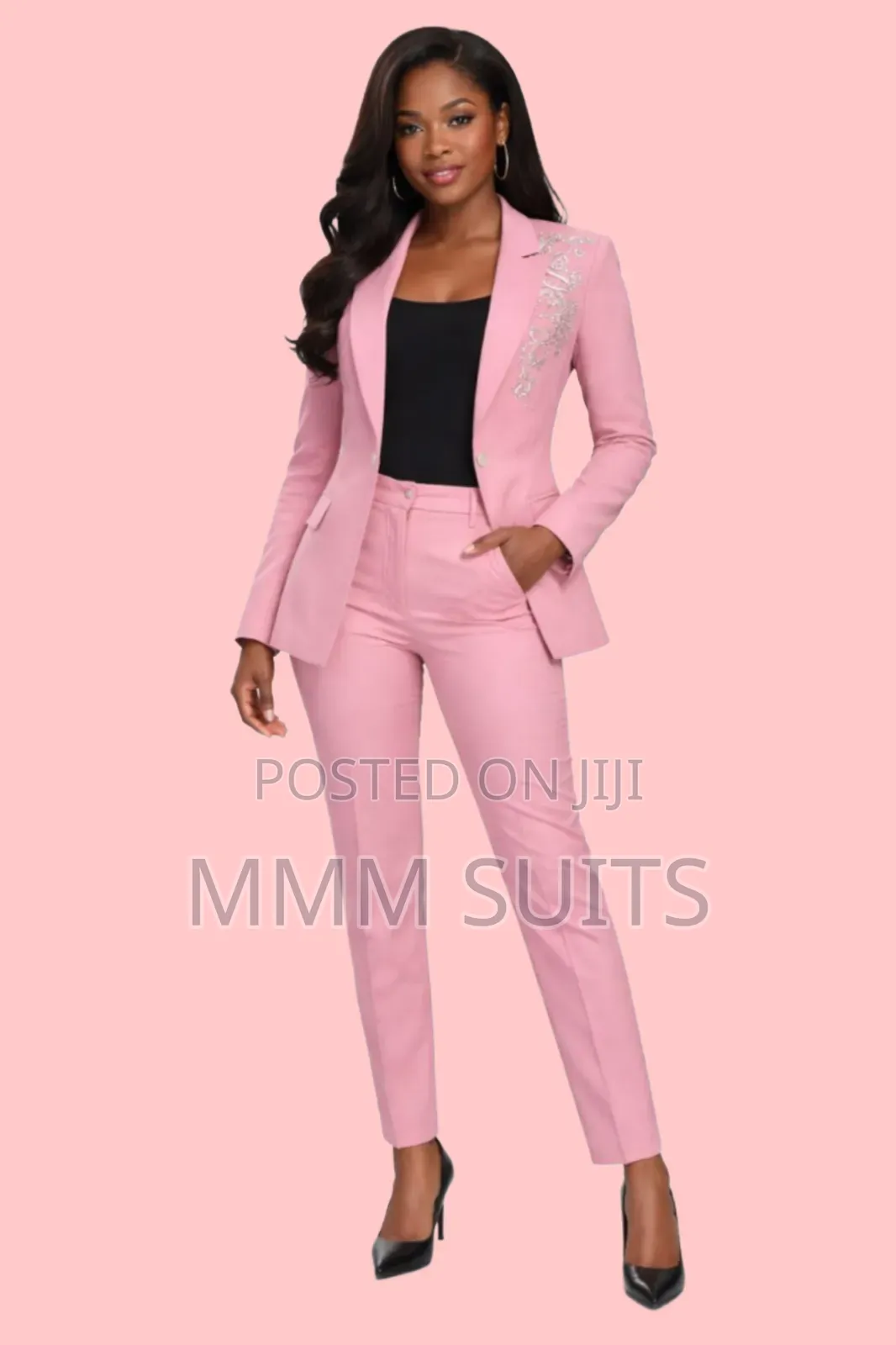 Classic Stylish 2-Piece Ladies' Trouser Suit With Stone Design in Pink