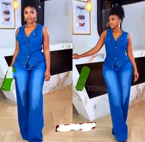 Denim Blue Sleeveless Vest and Flare Pant Set