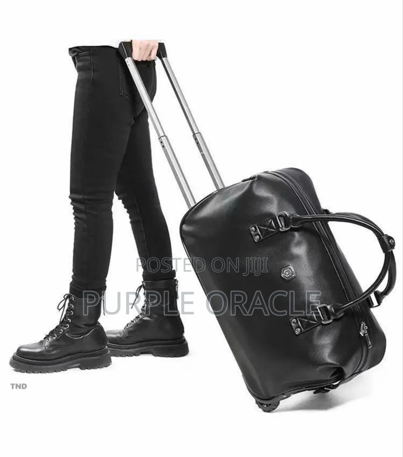 Black Leather Trolley Duffel Travel Bag.