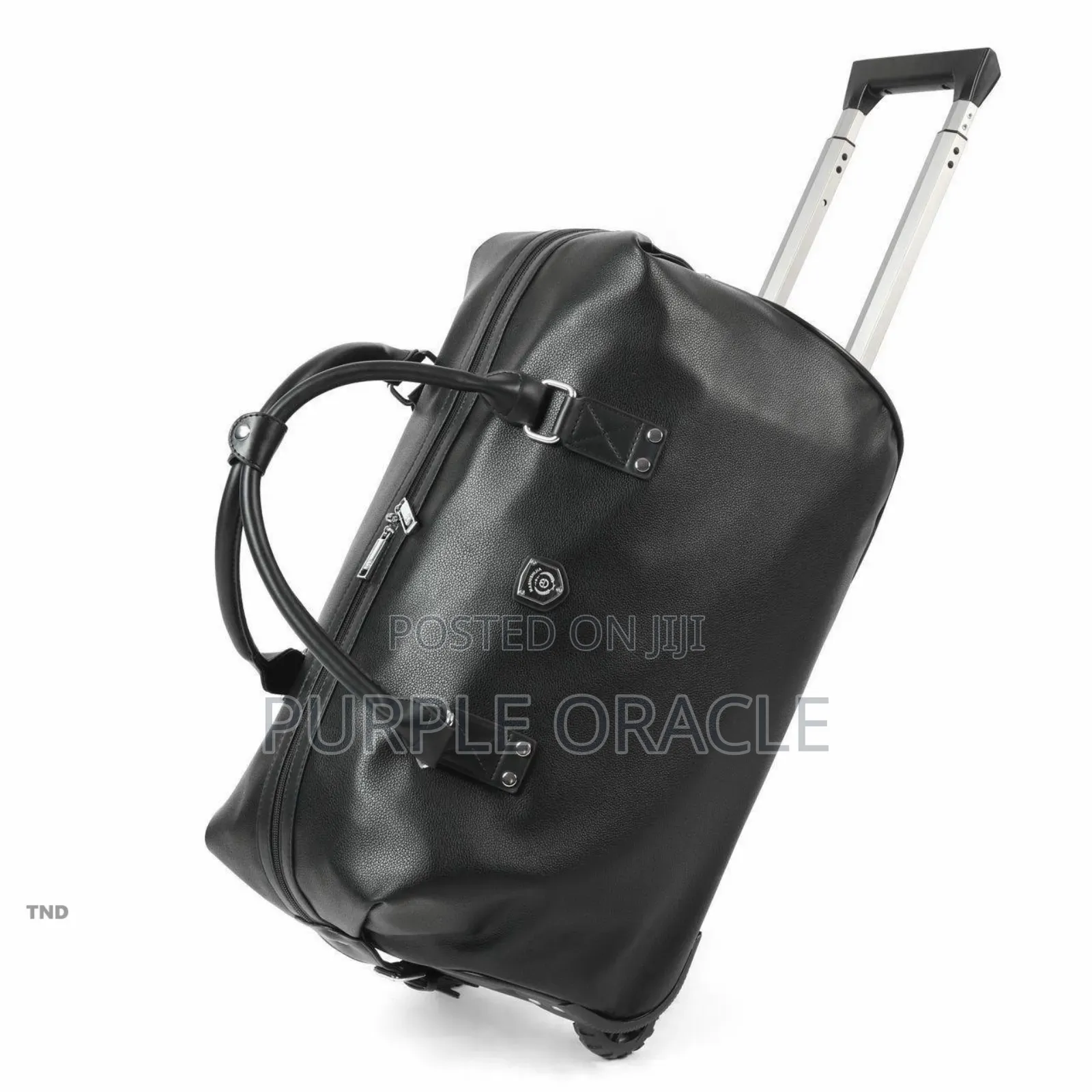 Black Leather Trolley Duffel Travel Bag.