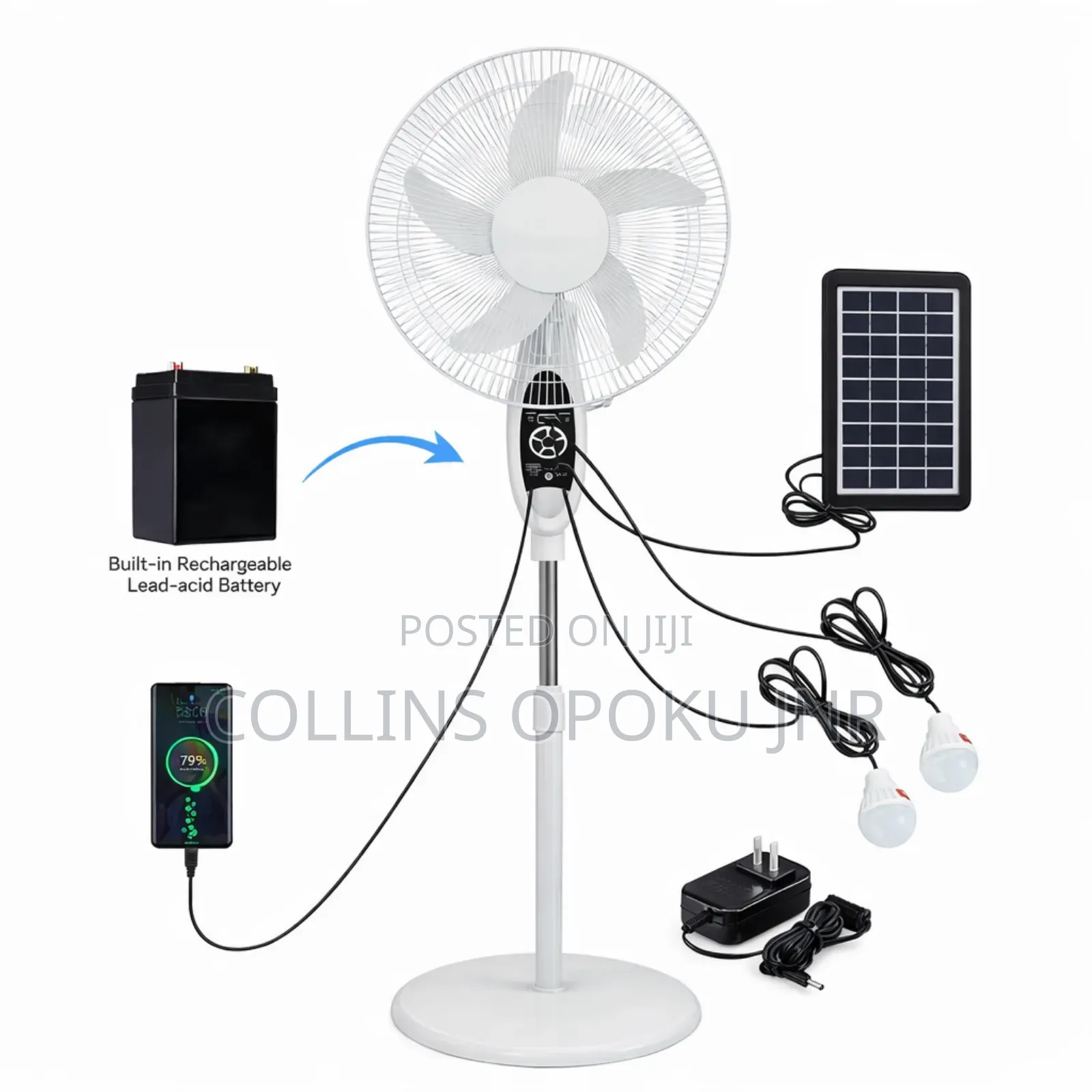 Rechargeable Standing Fan With Solar Panel , 2 Bulbs Remote - 16"