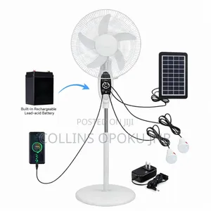 Rechargeable Standing Fan With Solar Panel , 2 Bulbs Remote - 16"
