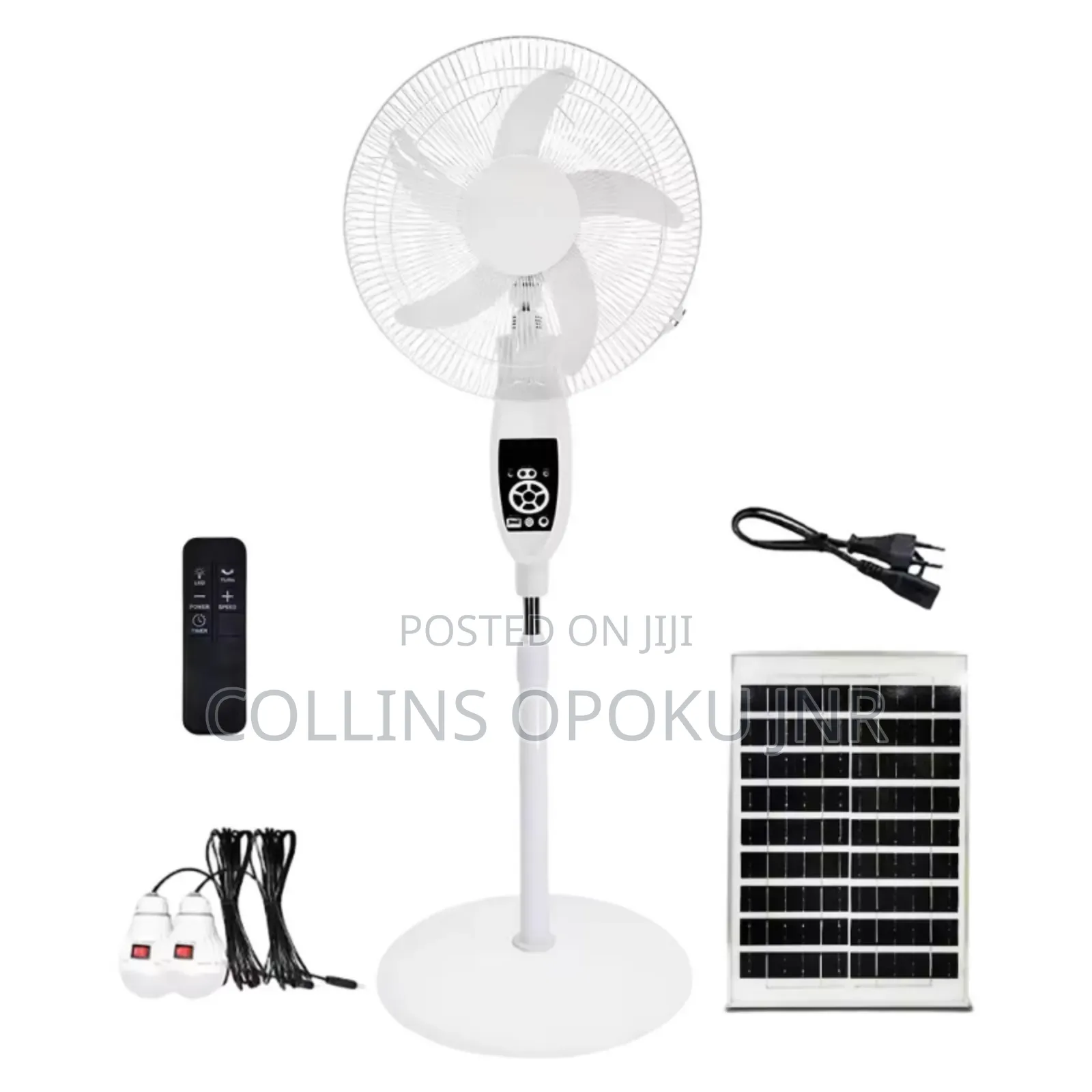 Rechargeable Standing Fan With Solar Panel , 2 Bulbs Remote - 16"