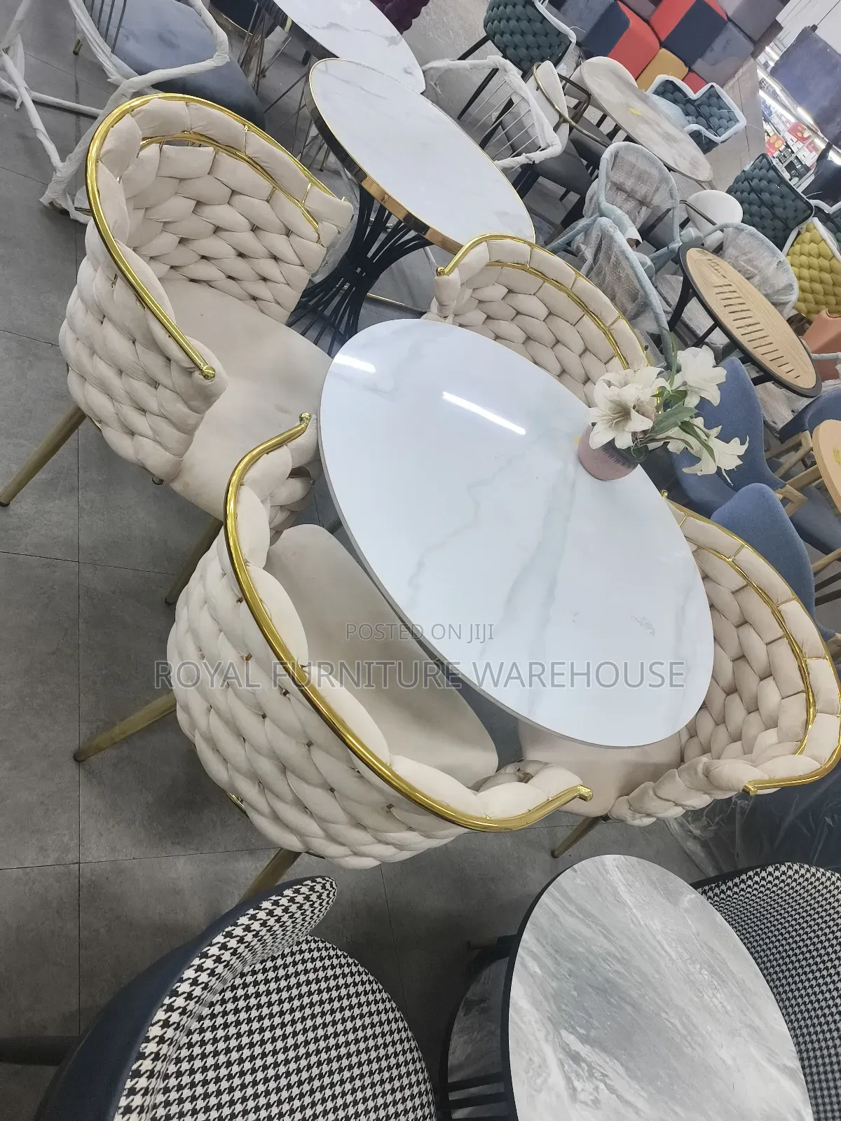 Hand-Woven Velvet Chairs and a Round Marble-Topped Table. T