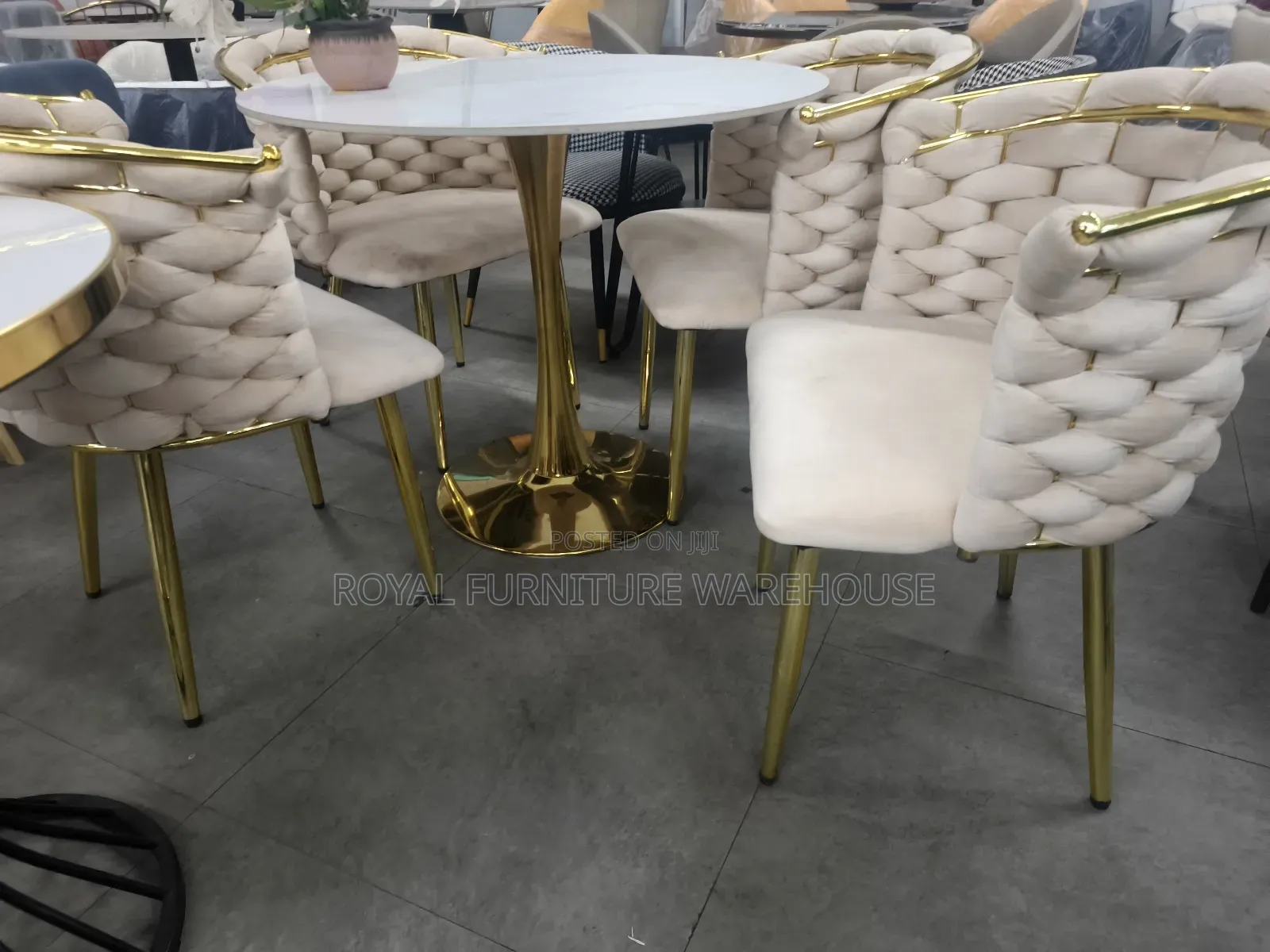 Hand-Woven Velvet Chairs and a Round Marble-Topped Table. T