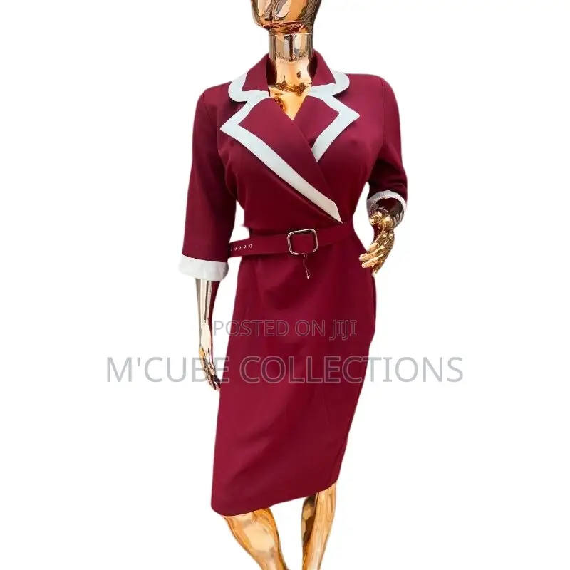 Maroon Contrast-Lapel Belted Dress