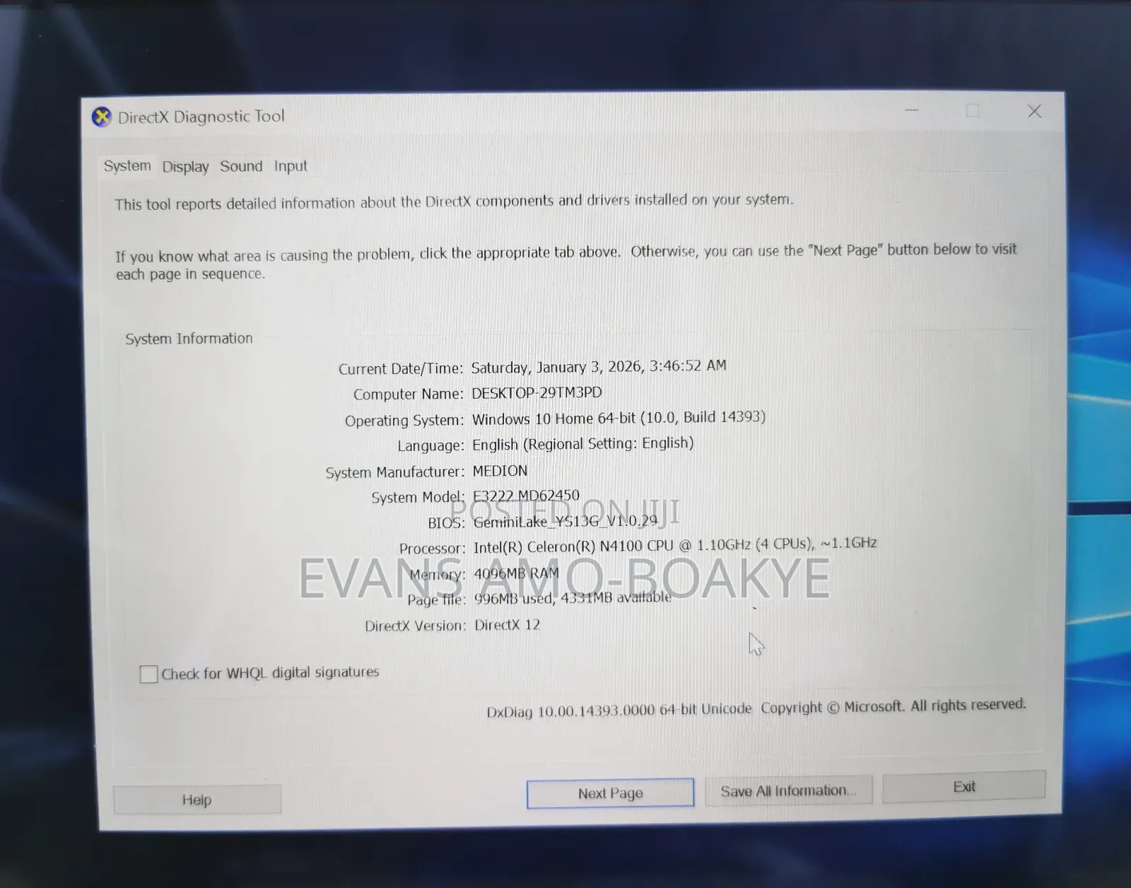 Laptop Medion Akoya E7419 4GB Intel SSD 128GB
