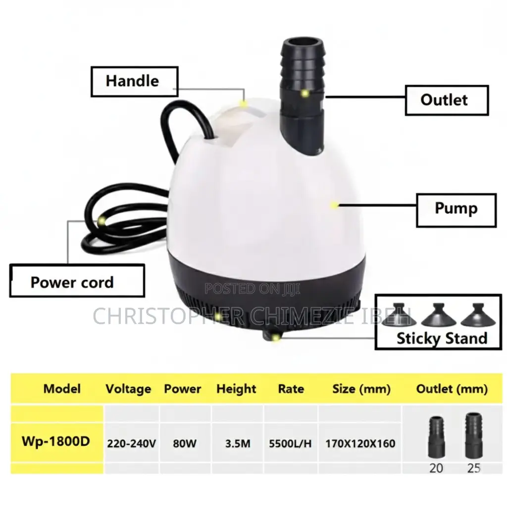 Wp-1800d Aquarium And Fountain Pump - Lift 3.5m Flow 5500l/H 80w