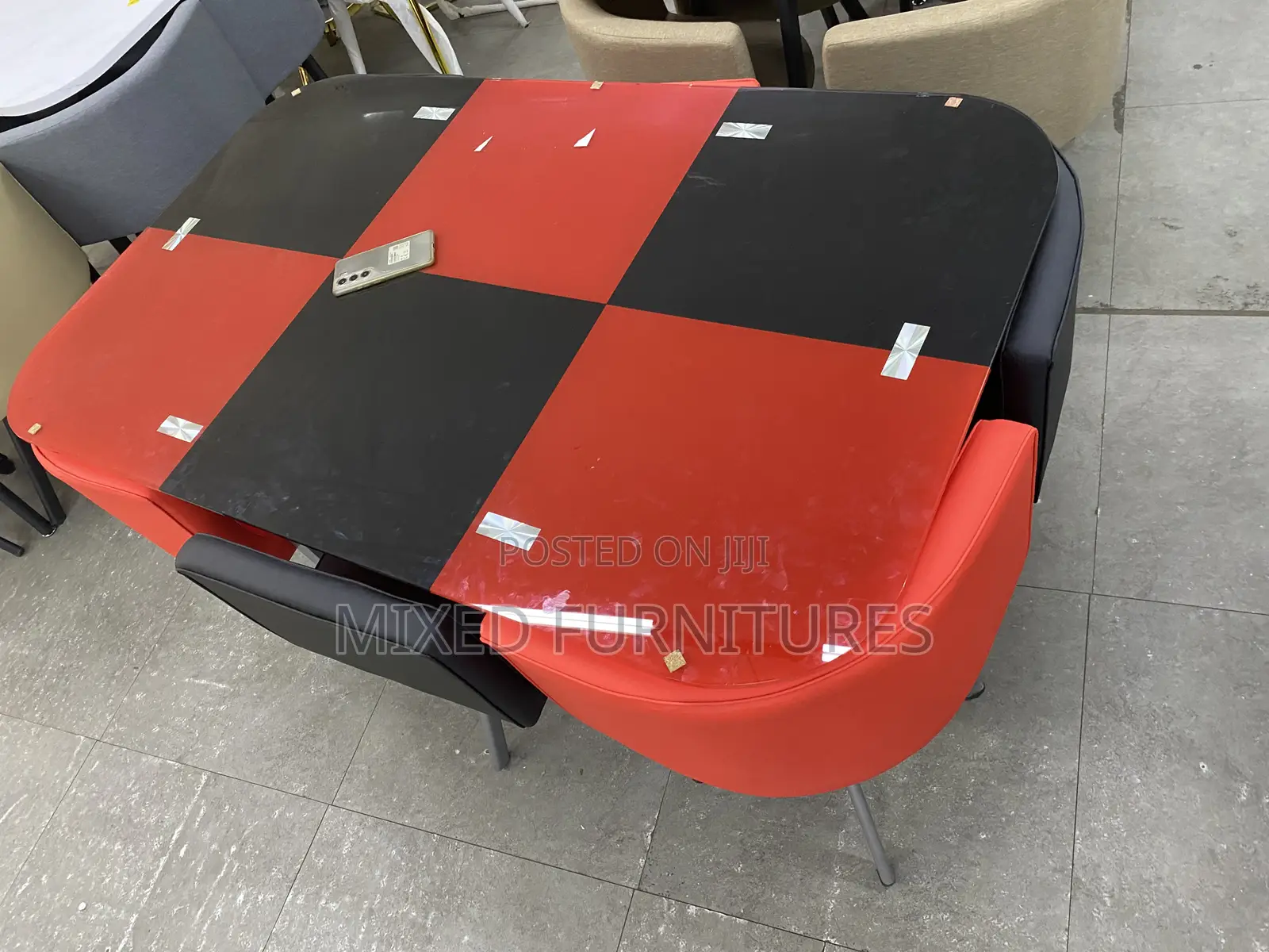 Dining Table With 6 Chairs (Red and Black Grid)