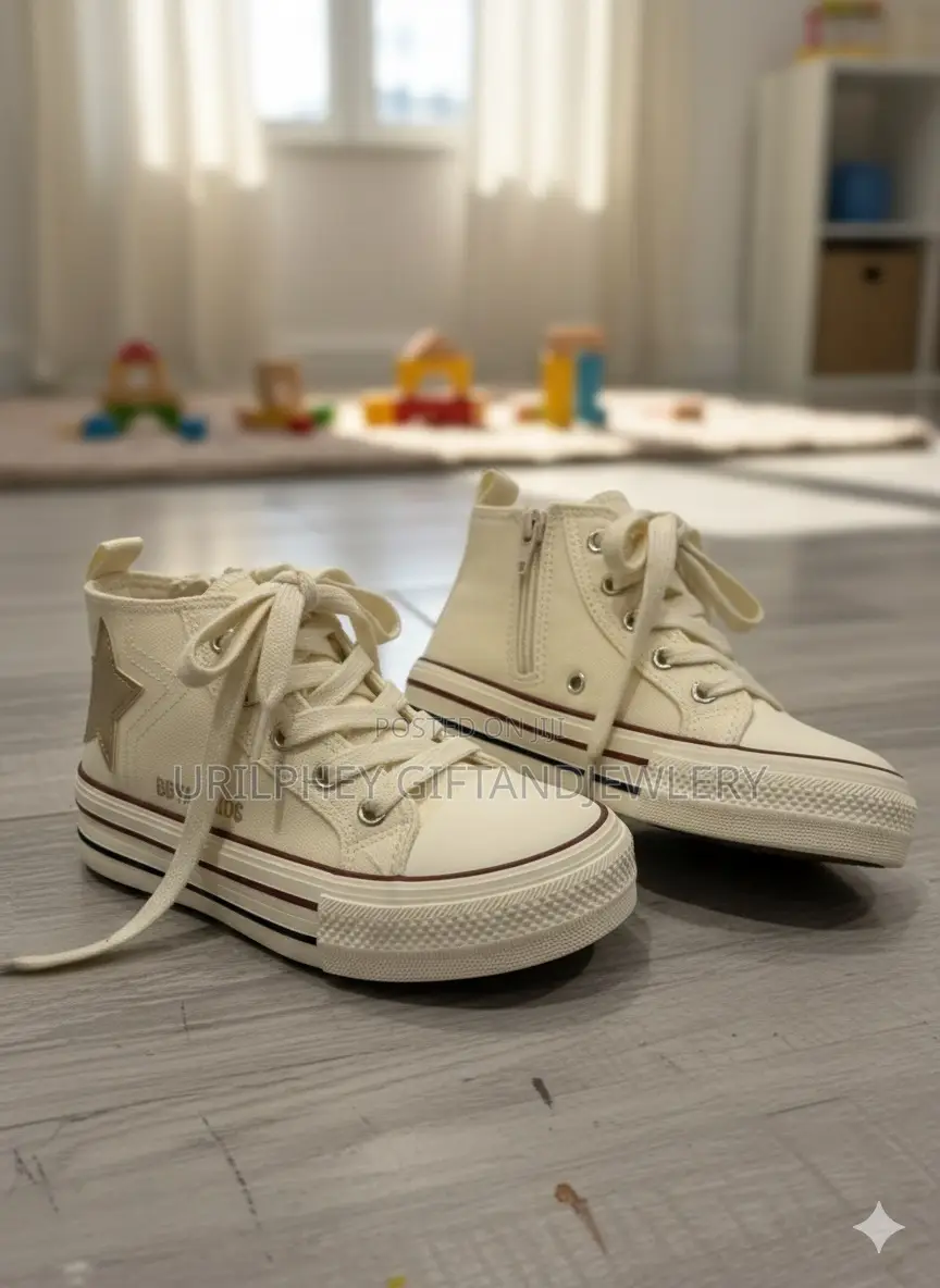 Kids Cream Platform High-Top Kids Sneakers – Gold Star Detail