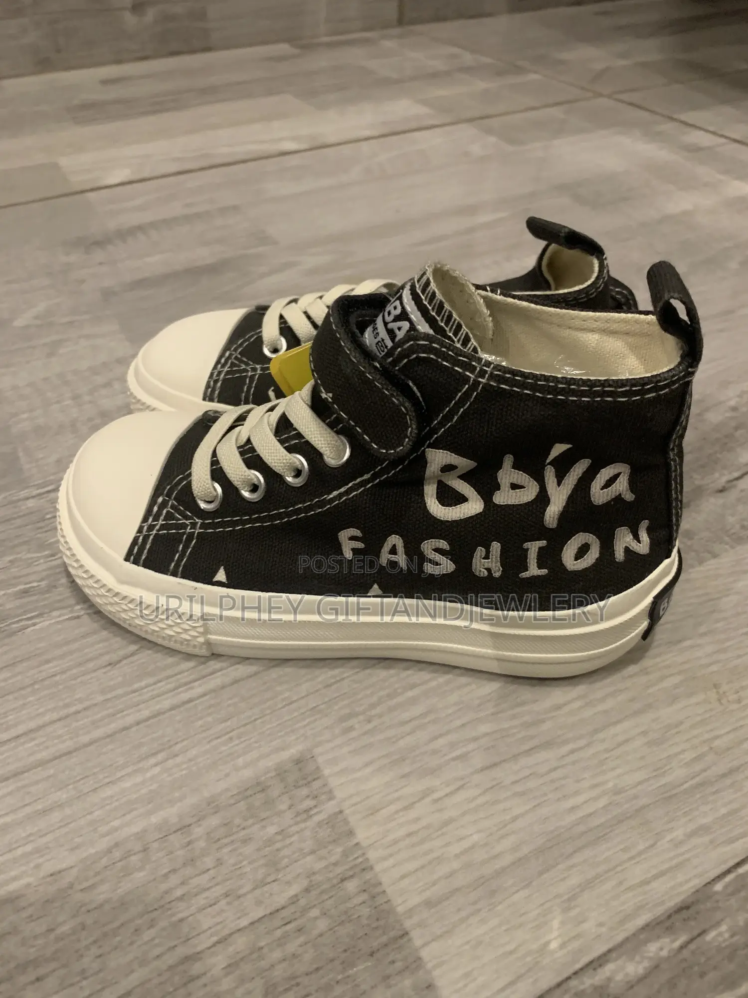 Kids Black White High-Top Sneakers – Velcro Lace Up Canvas Shoes