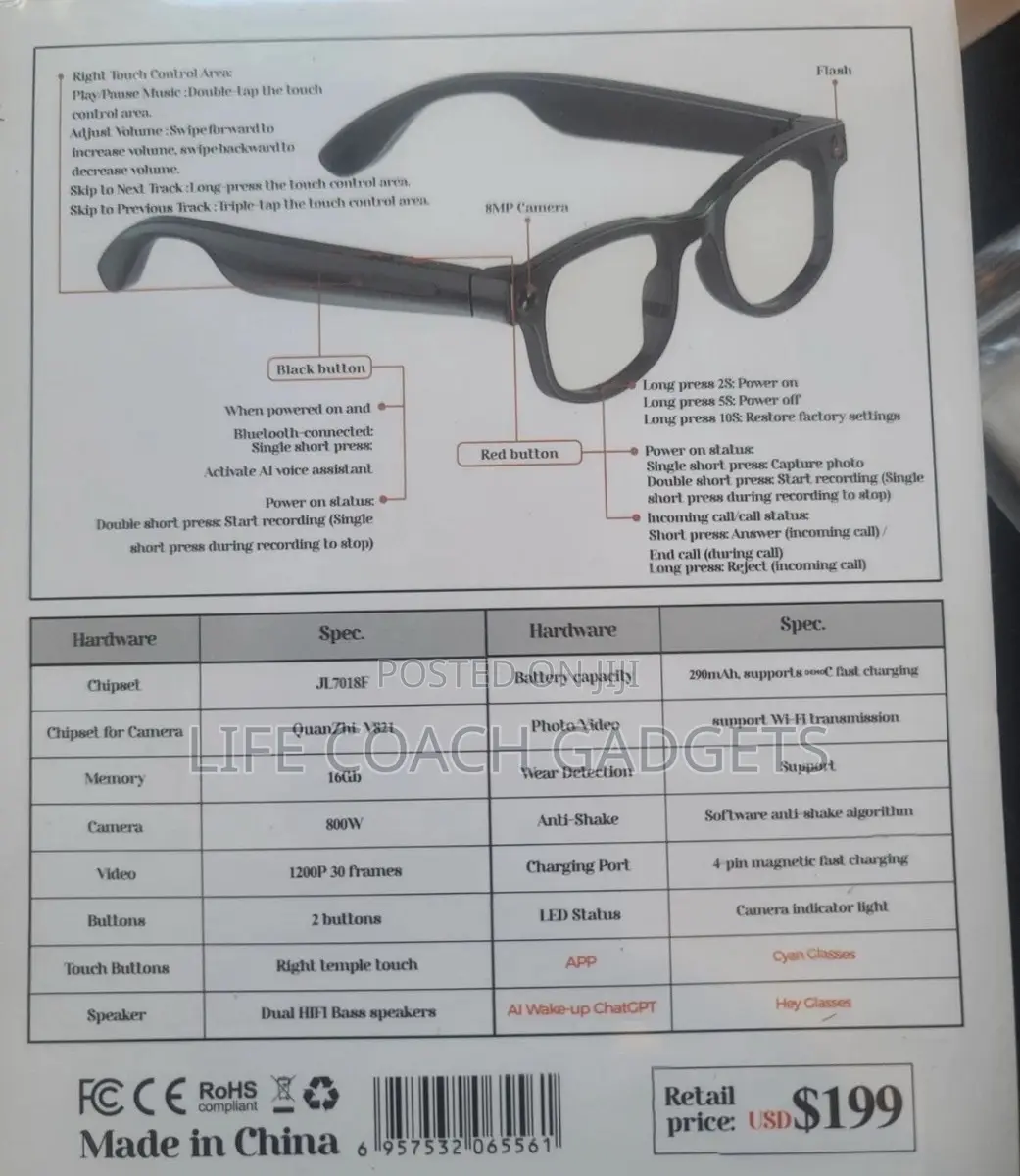Aimb-g1 Bluetooth Voice Control Smart Glasses W/8mp, 1080p Camera