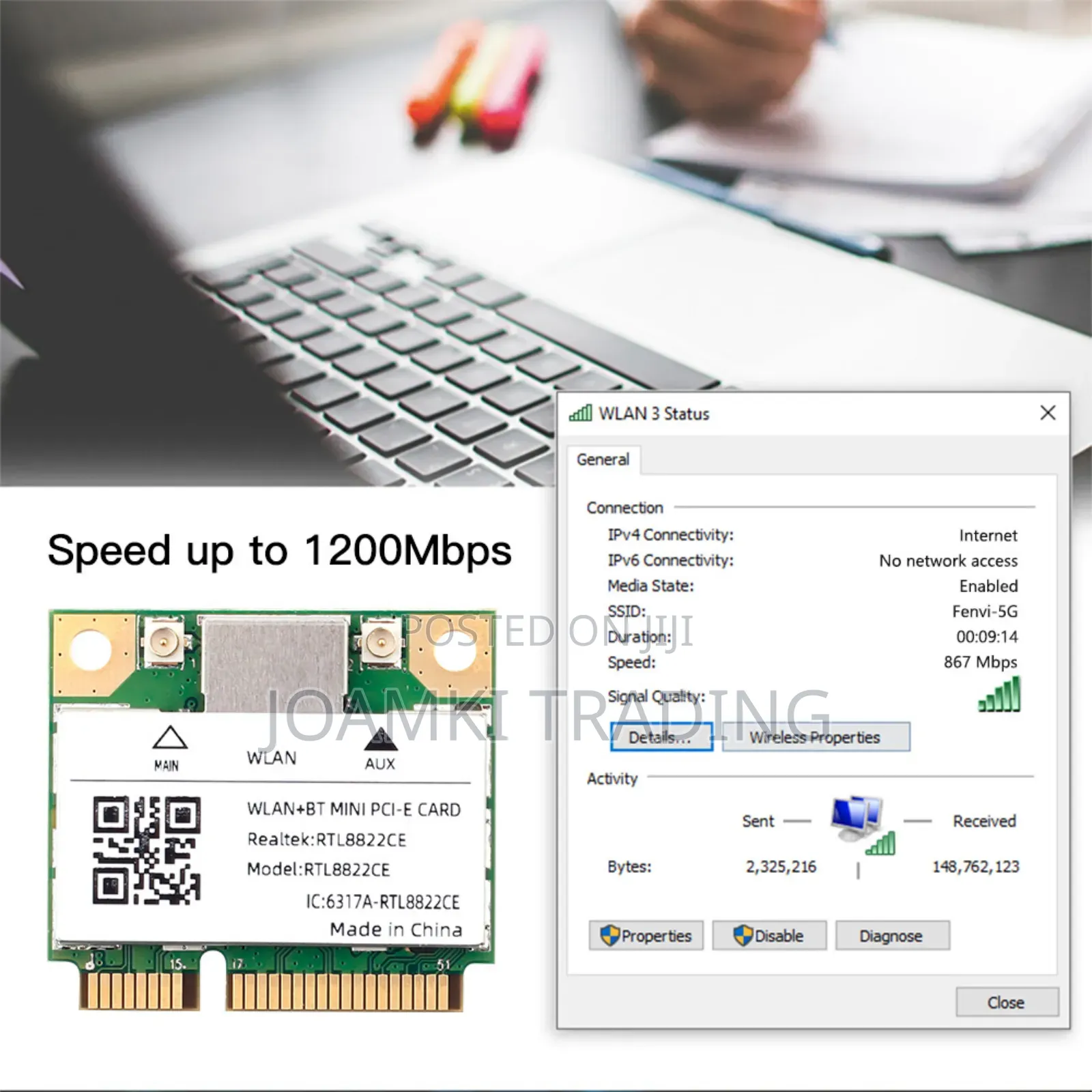 Dual Band Mini Pcie 1200mbps Wifi Card + Bluetooth 4 Laptops Win10/11