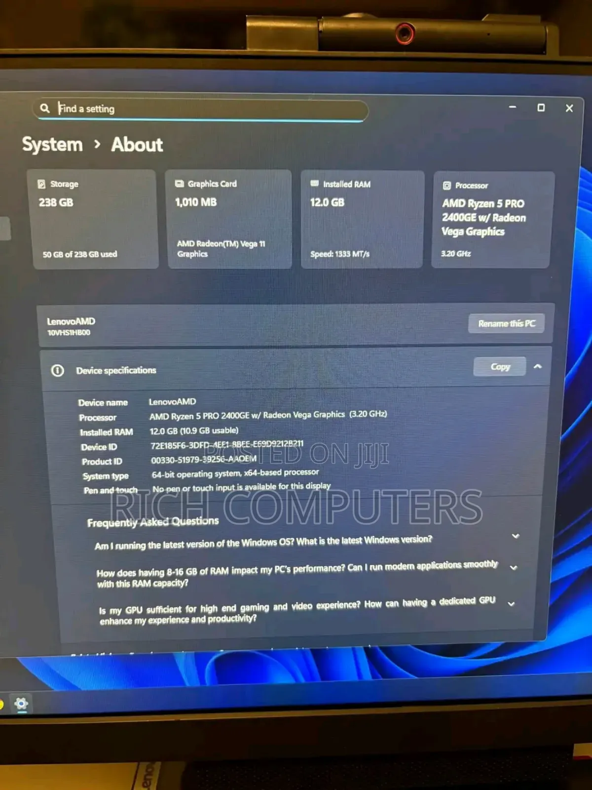 Desktop Computer Lenovo ideacentre AIO 520S 12GB AMD Ryzen 5 SSD 256GB