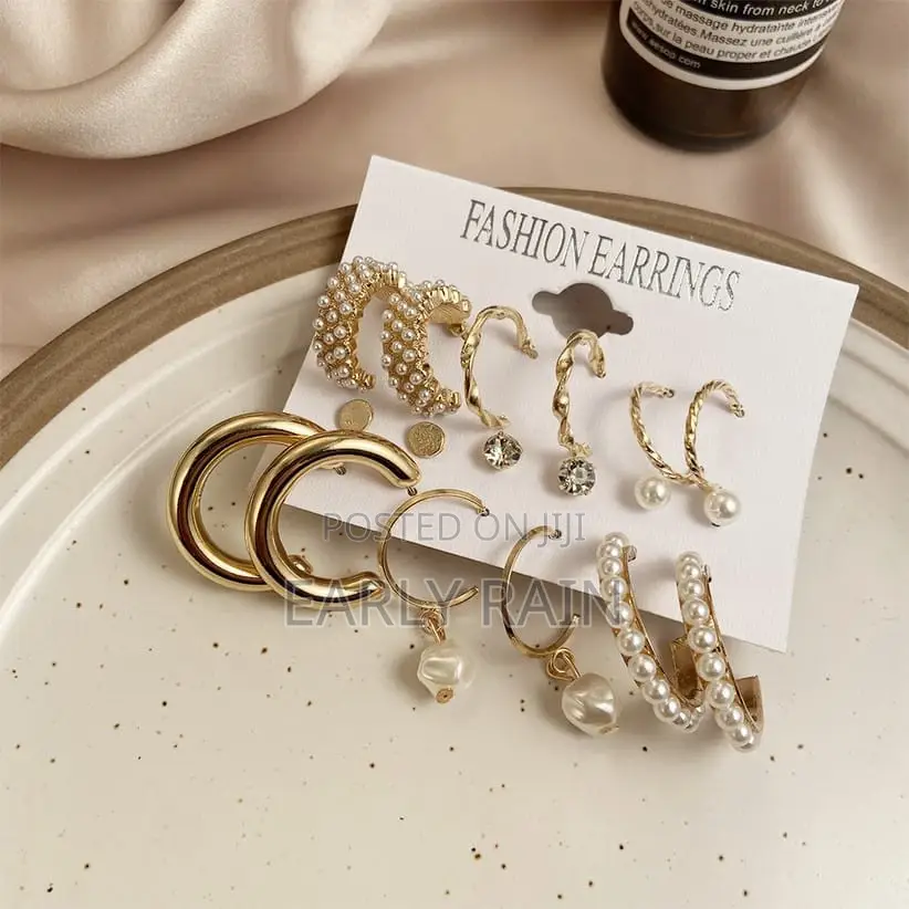 9 PCS/Set Women's Earrings Rhinestone Pearl Exaggerated Gold
