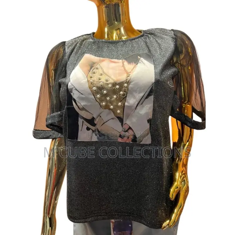 Women's Graphic Mesh Sleeve Top – Black Glitter With Fashion Print