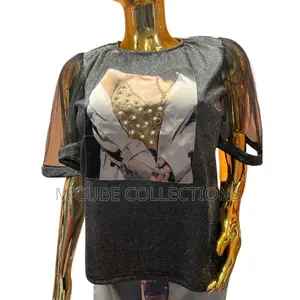 Women's Graphic Mesh Sleeve Top – Black Glitter With Fashion Print