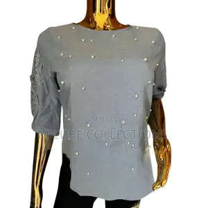 Women's Pearl Embellished Top – Soft Blue Elegance