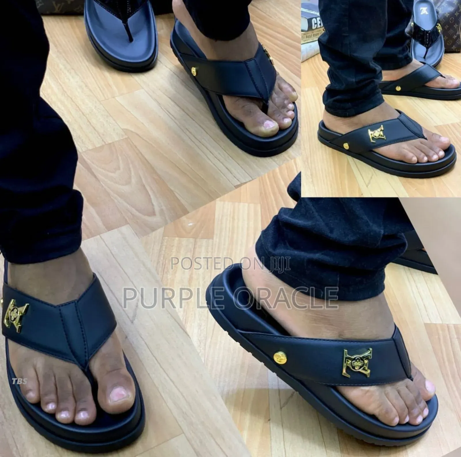 Black Louis Vuitton Men's Palm Slippers.