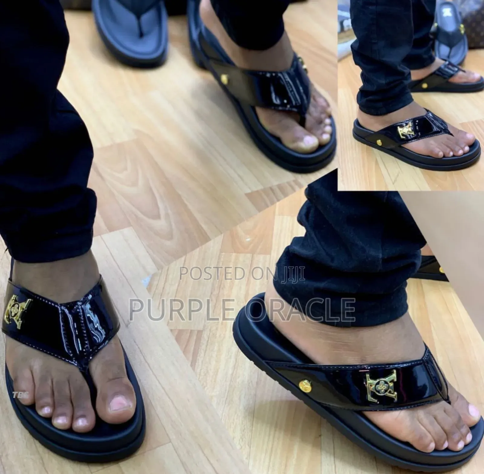 Black Louis Vuitton Men's Palm Slippers.
