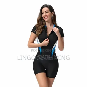 Women’S Short Sleeve One-Piece Swimwear – Sporty Zip Front