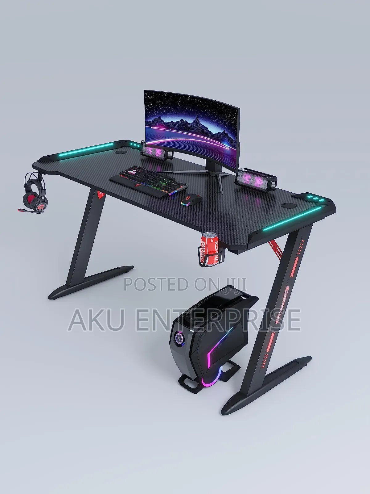 Computer and Gaming Table Led Lights Carbon Fiber Surface, Cup Holder