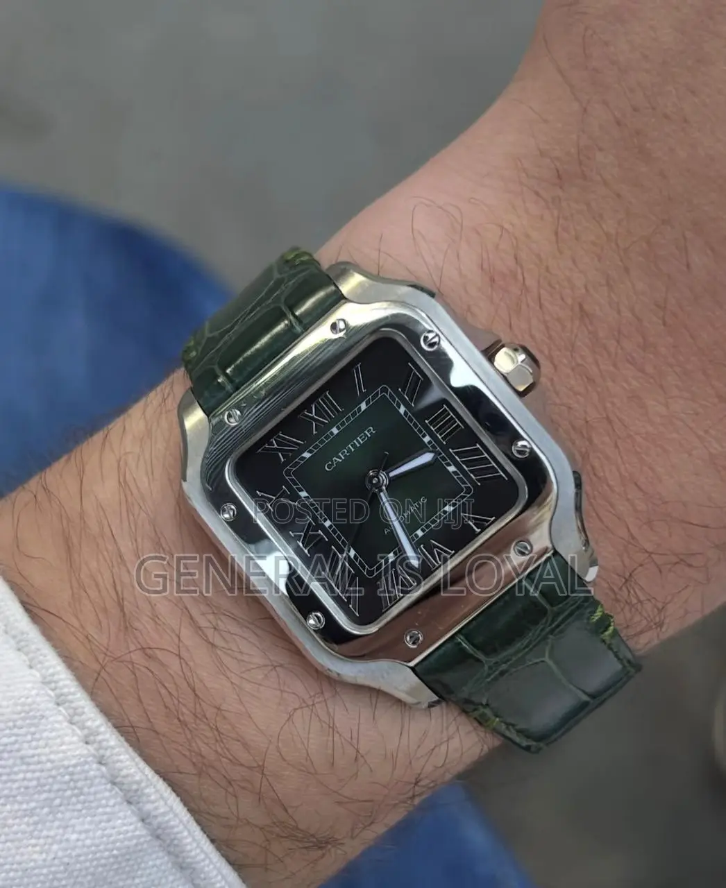 Premium Cartier Santos Men’S Watch With  Greengenuine Leather Strap
