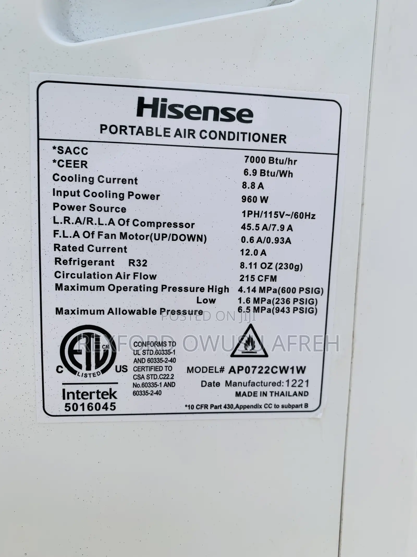 Used Portable Hisense Air Conditioner