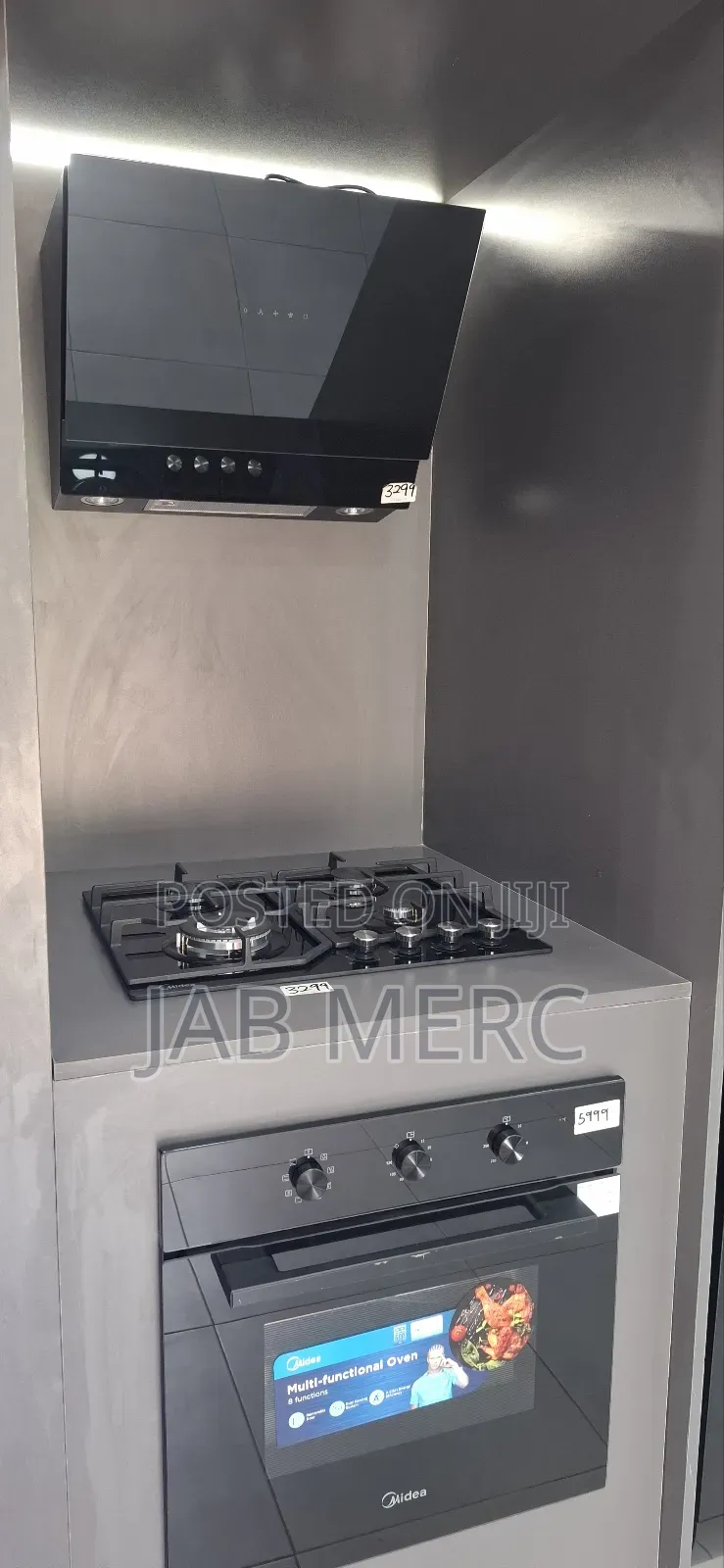 Midea 3 Sets All Black 60cm Oven Gas Cooker and Extractor Brand New