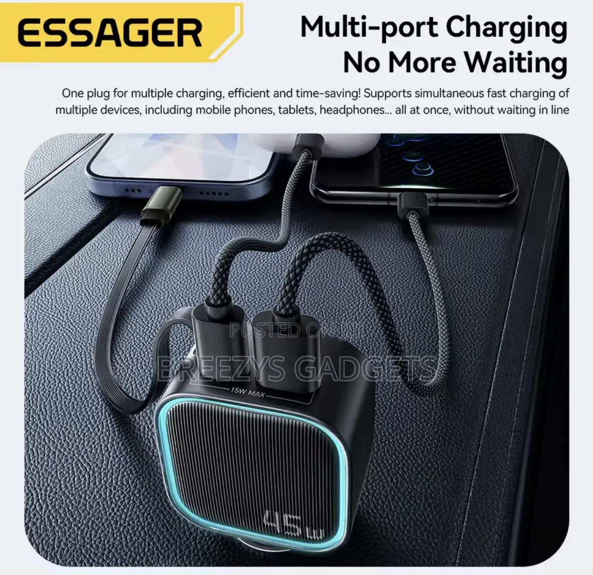 Essager 45w Car Charger Pd Fast Charging With Retractable 75cm Cable