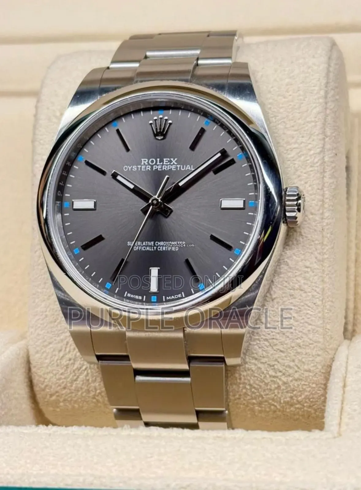 Rolex Oyster Perpetual Men's Steel Dome Bezel Watch Grey Dial.