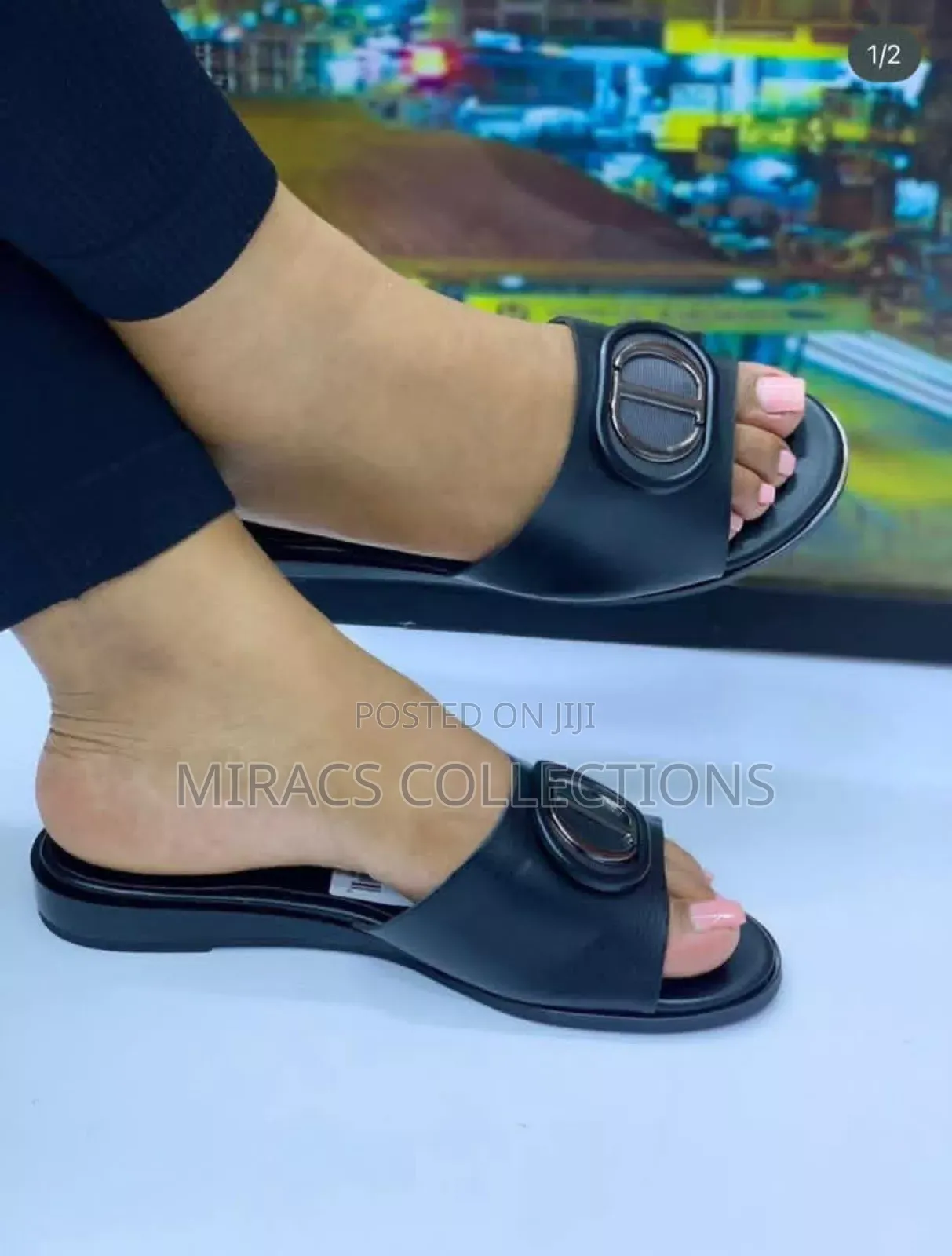 Double Buckle Leather Slippers
