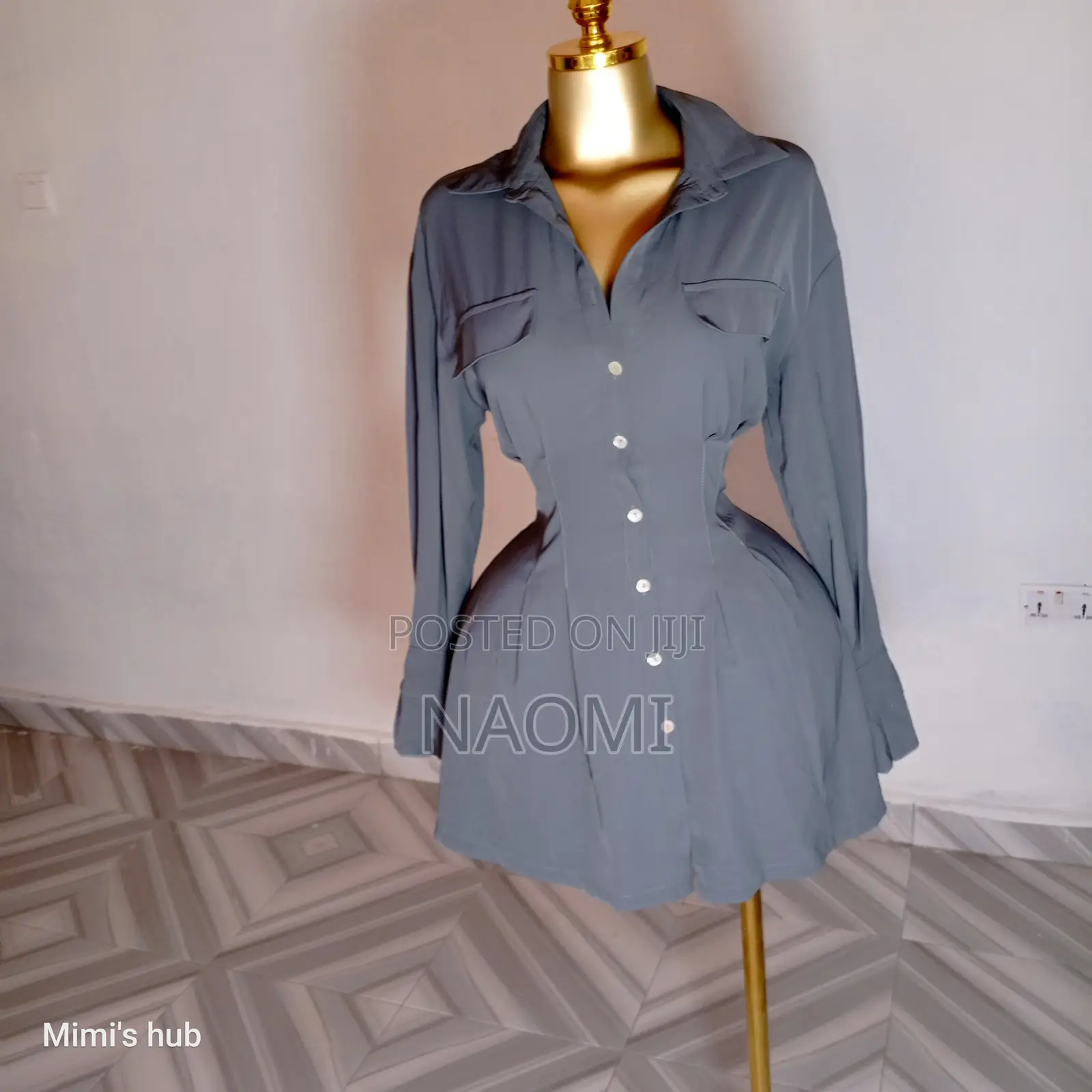 Elegant Cinched-Waist Button-Down Mini Dress – Grey