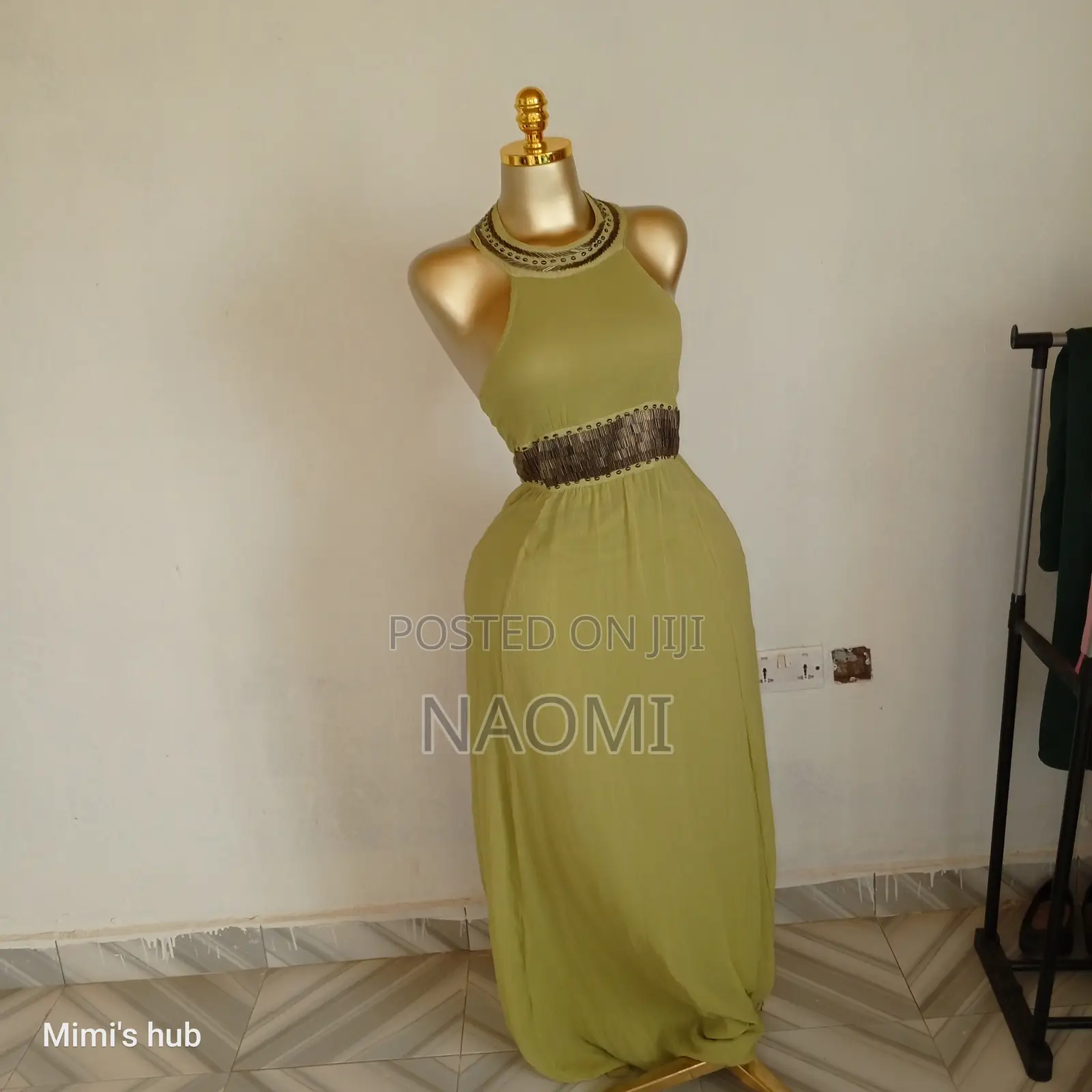 Elegant Lime Green Halter Maxi Dress With Beaded Detail