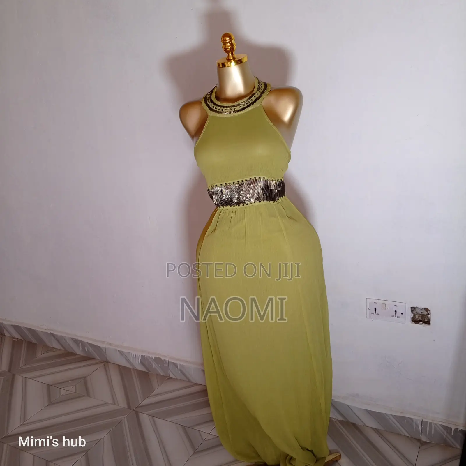 Elegant Lime Green Halter Maxi Dress With Beaded Detail