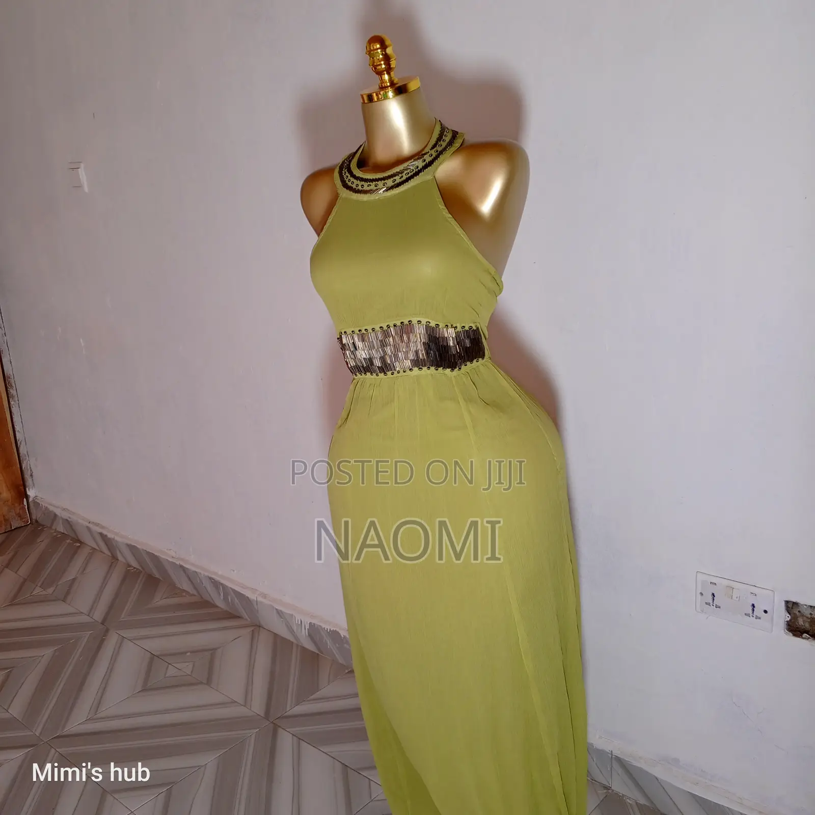 Elegant Lime Green Halter Maxi Dress With Beaded Detail