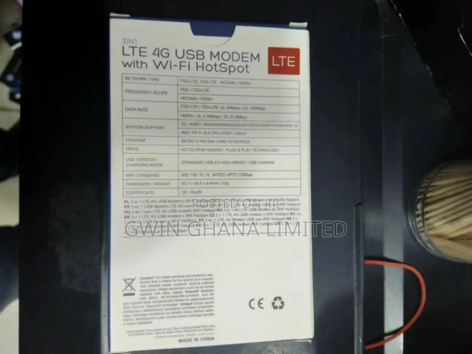 4g Lte Sim Wifi Modem. Powers on by Laptop, Power Bank,