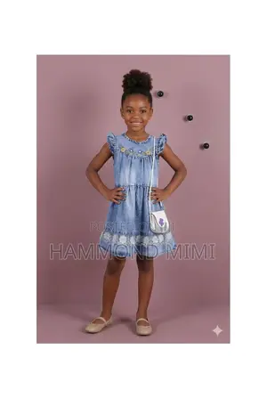 Blue Embroidered Guipure Girls' Dress