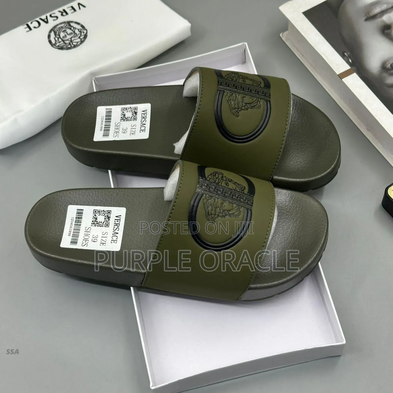 Versace Olive Green Rubber Slides Couture Army Logo Pool Slides.