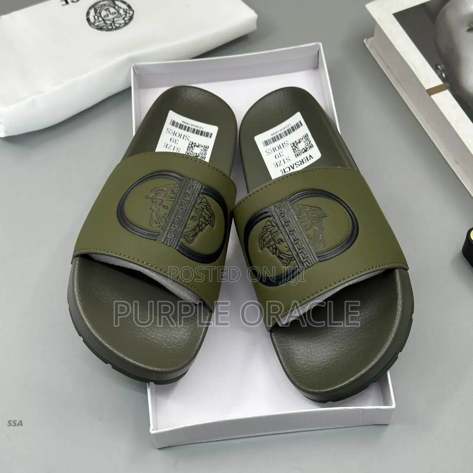 Versace Olive Green Rubber Slides Couture Army Logo Pool Slides.