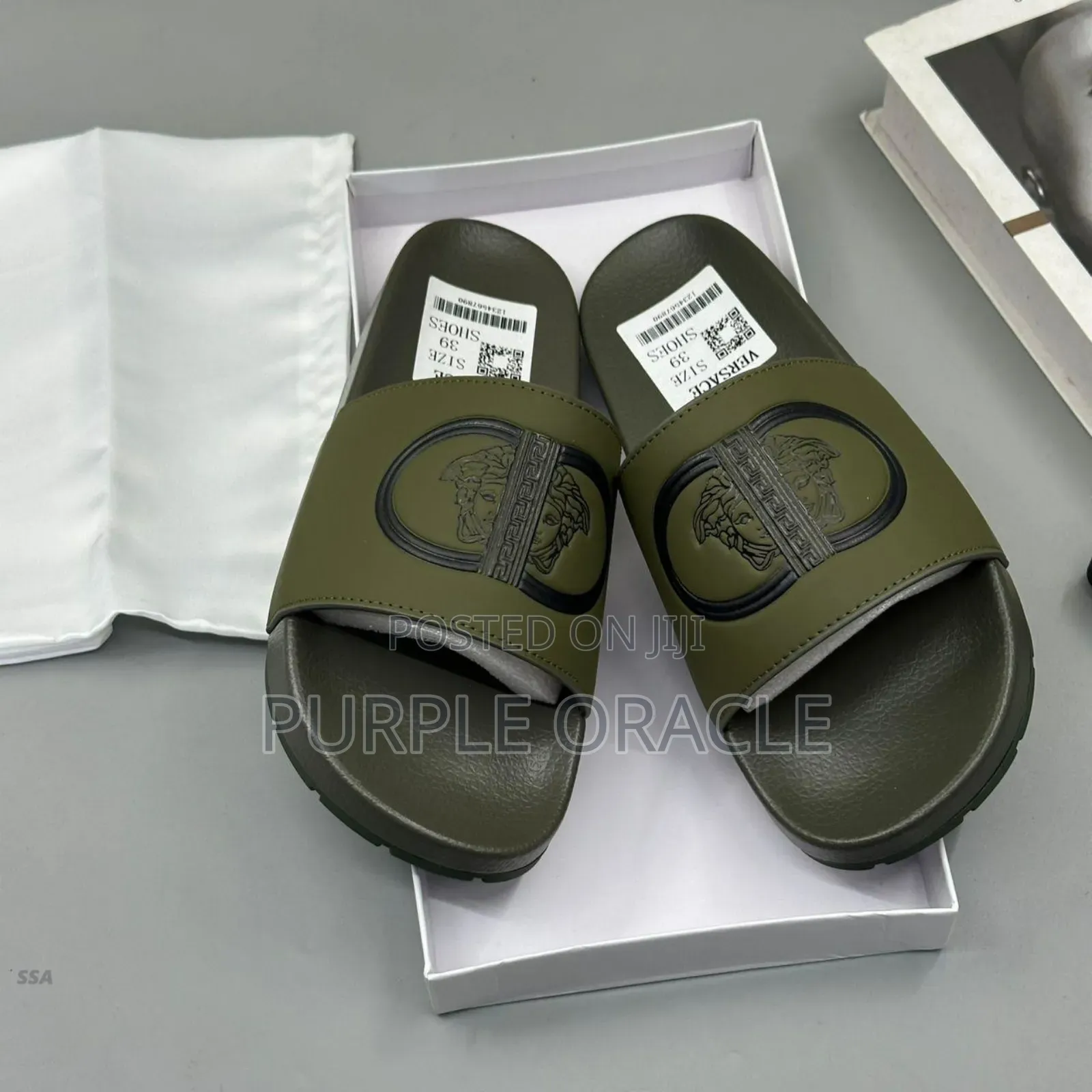 Versace Olive Green Rubber Slides Couture Army Logo Pool Slides.