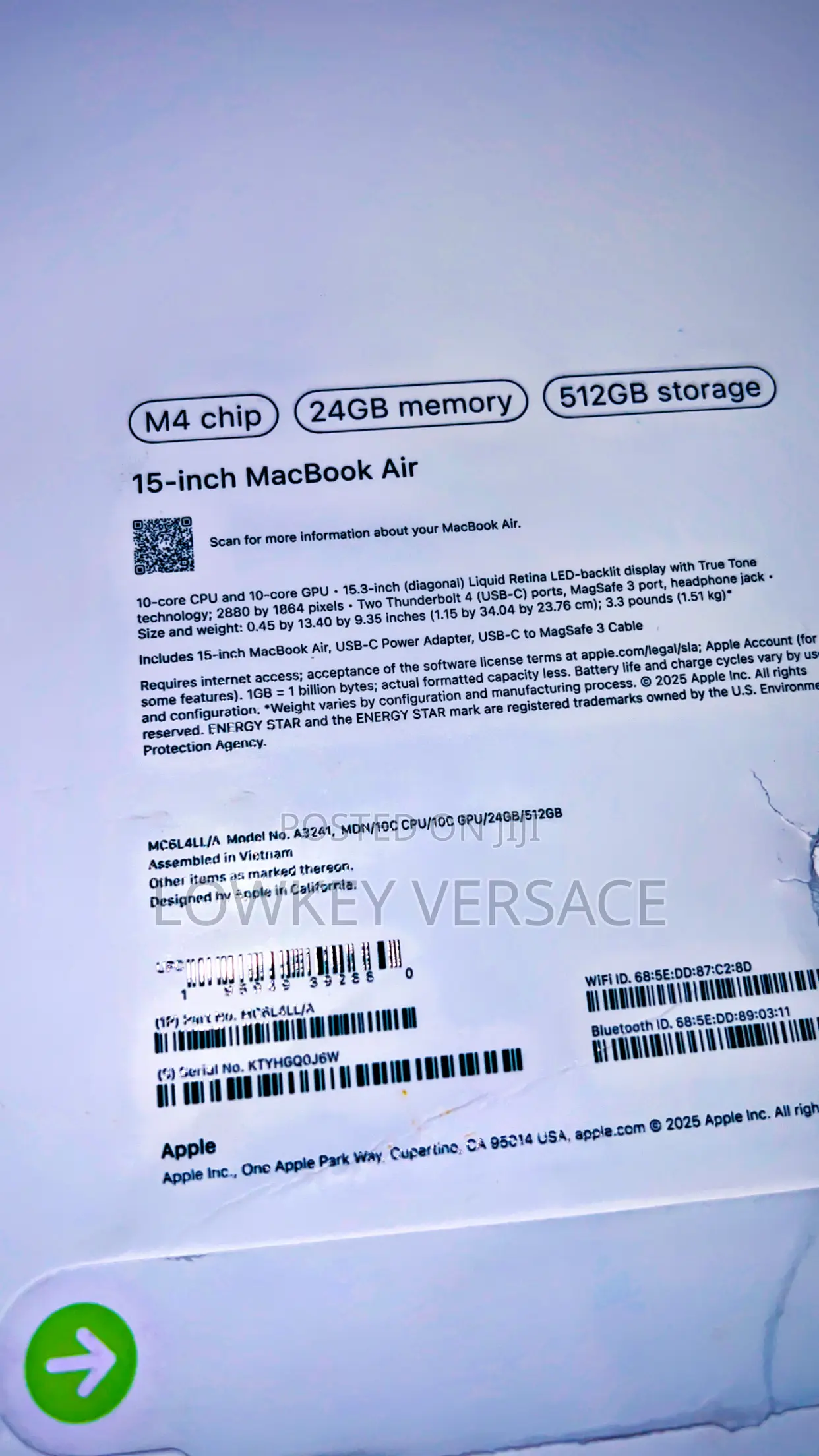 New Laptop Apple MacBook Air 2025 M4 15-inch 24GB Apple M4 SSD 512GB