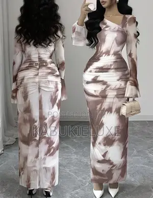 Elegant Asymmetrical Long Dress With Floral Print , Bodycon Fit.