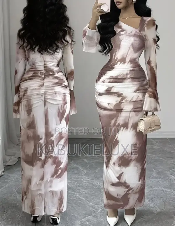 Elegant Asymmetrical Long Dress With Floral Print , Bodycon Fit.