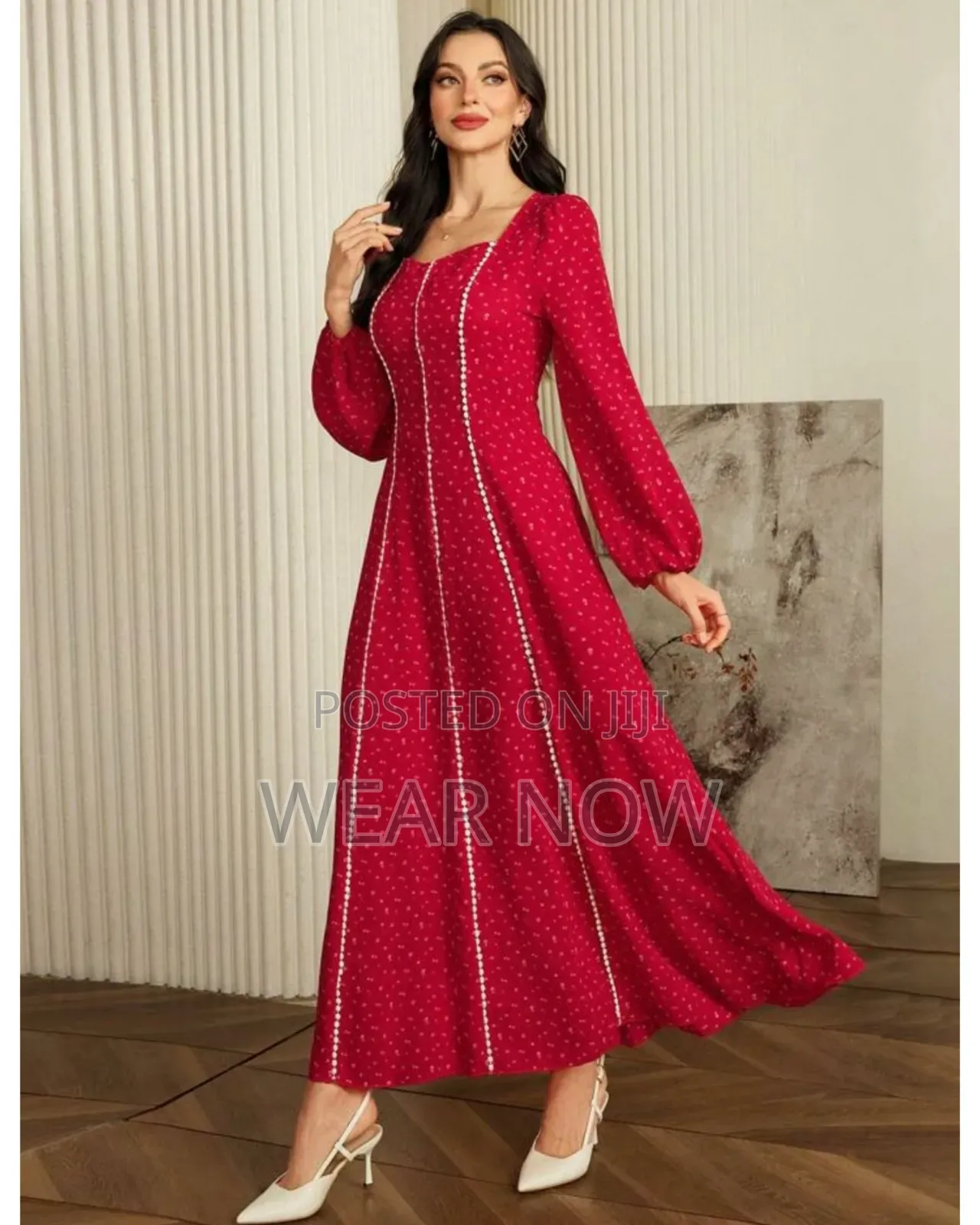 Floral Ruffled Neck Lantern Sleeve Elegant Long Sleeve Dress