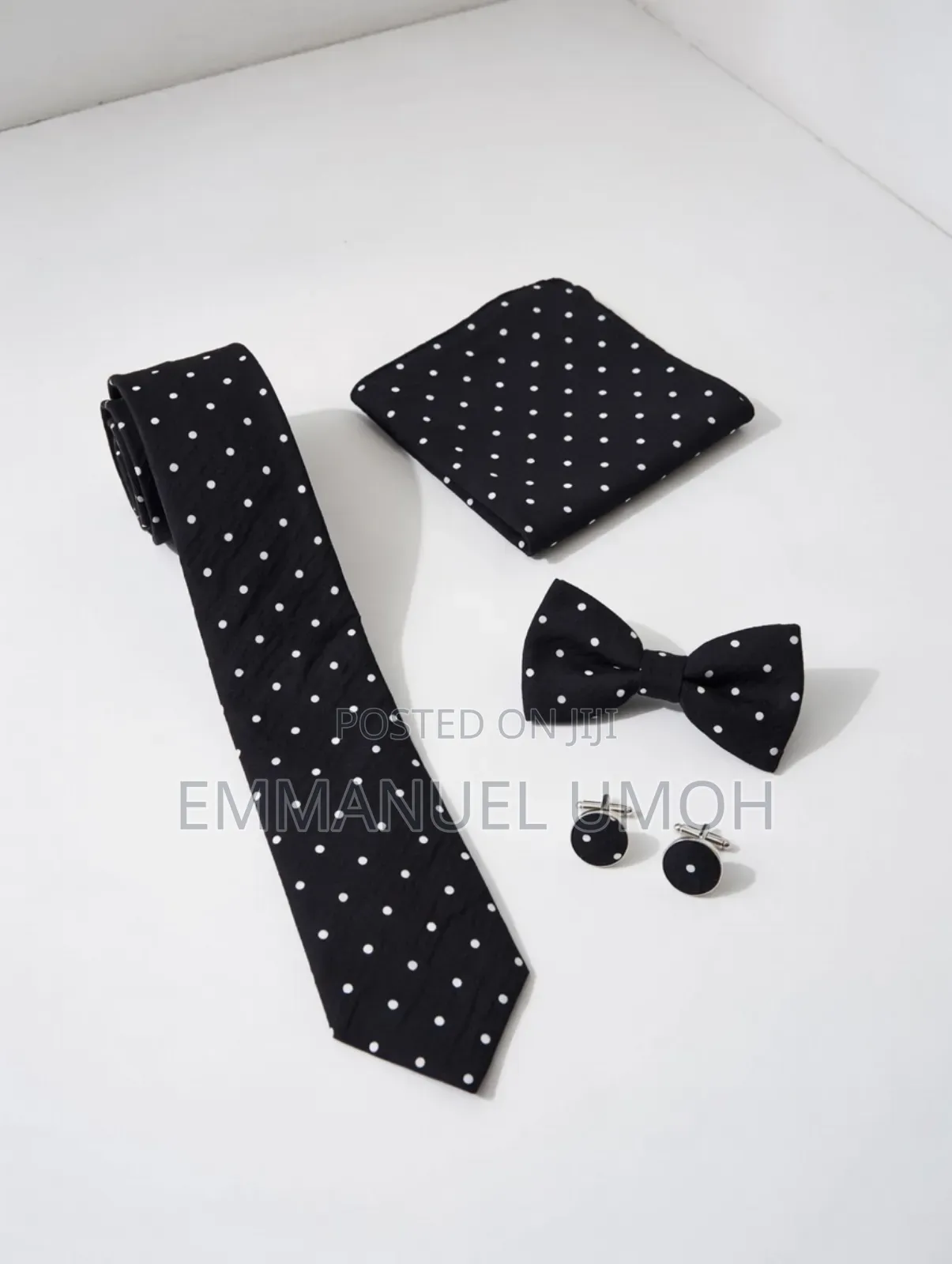 Very Nice and Classic Long Tie, Bow Tie, Cufflinks and Pocket Kerchief