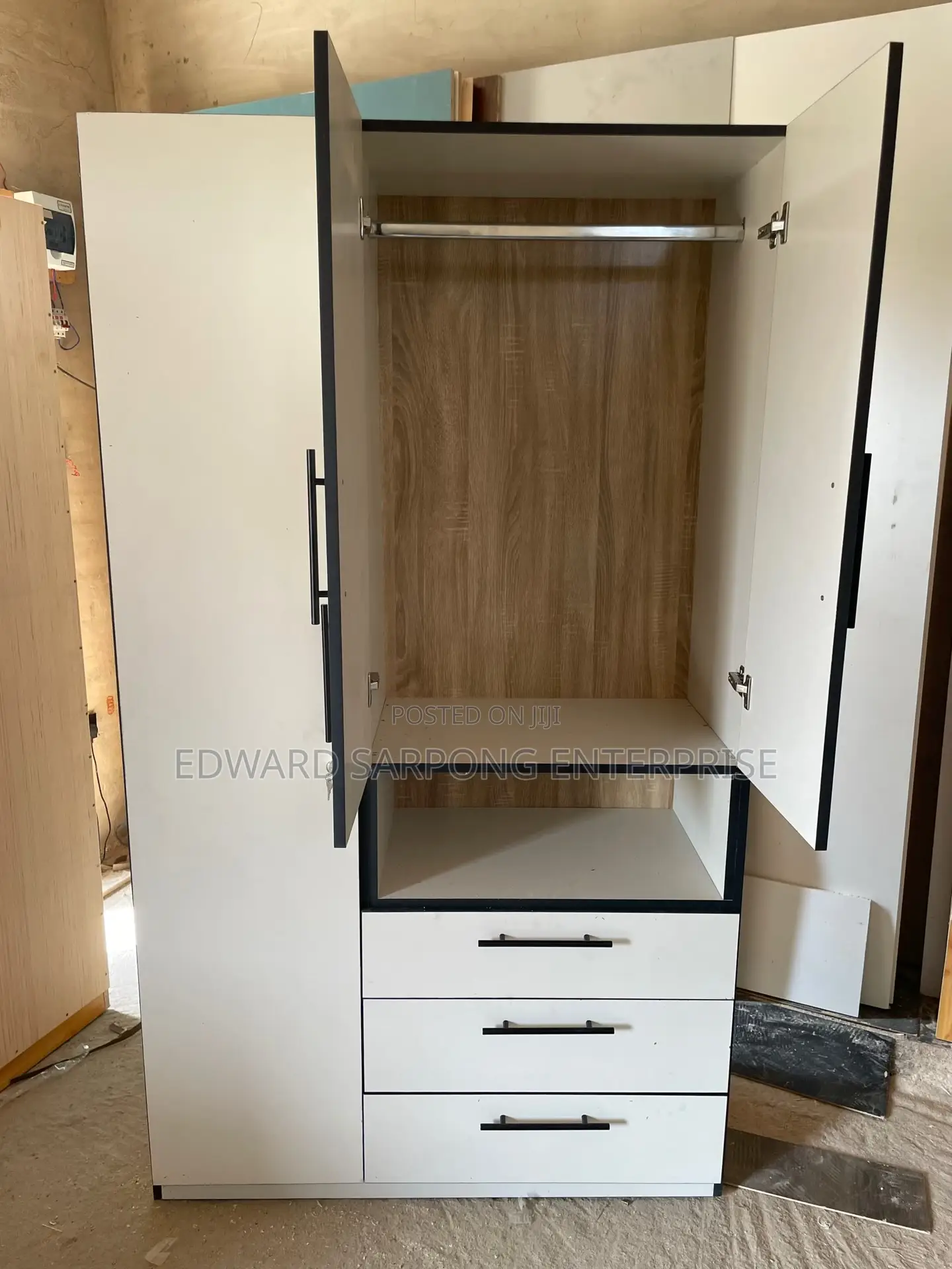 Modern 3 Door White Wardrobe With Drawers and Open Shelf Storage