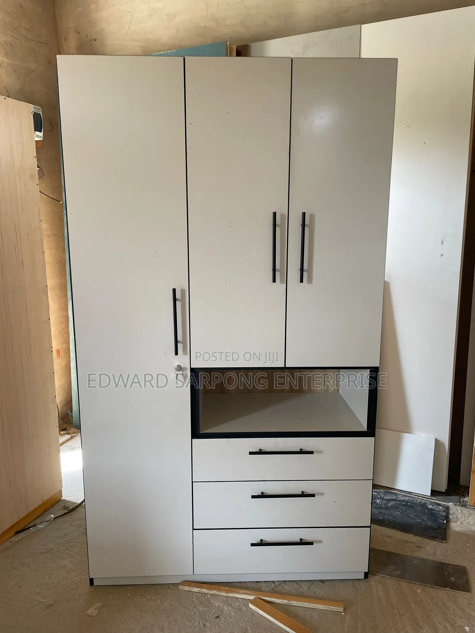 Modern 3 Door White Wardrobe With Drawers and Open Shelf Storage