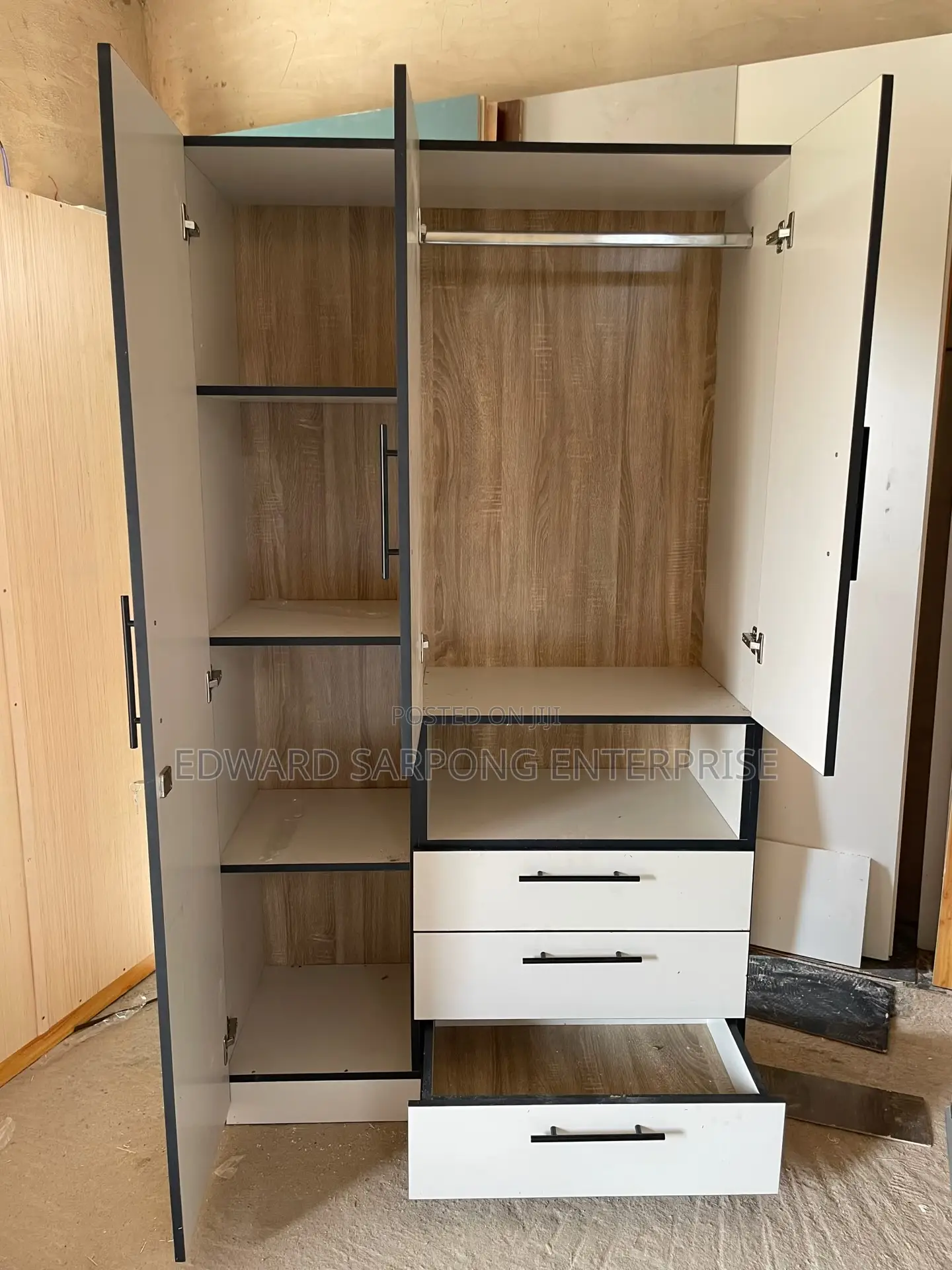 Modern 3 Door White Wardrobe With Drawers and Open Shelf Storage